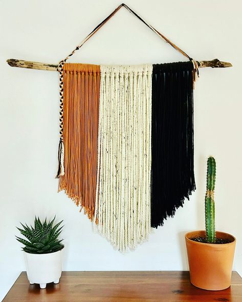 Large yarn wall hanging on driftwood. Brown, cream and black. Product dimensions are 36"L x 3.5"W x 31.5"H. Bohemian Yarn Wall Hanging, Boho Wall Hanging Diy, Dark Boho Aesthetic, Yarn Wall Hanging Diy, Diy Yarn Wall Hanging, Boho Yarn, Yarn Hanging, Hanging Ideas, Yarn Wall