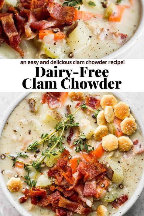 Whole 30 Clam Chowder Recipe, Clam Chowder Dairy Free, Healthier Clam Chowder, Aip Clam Chowder, Dairy Free Salmon Chowder, Dairy Free Fish Chowder, Paleo Clam Chowder, Non Dairy Clam Chowder Recipe, Dairy Free Seafood Chowder