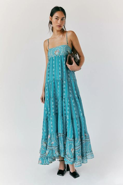 Last Dance Printed Maxi Dress | Free People Blue Maxi Dress, Last Dance, Straight Neckline, Blue Maxi, Beauty Favorites, Tier Skirt, Maxi Dress Blue, Tiered Skirt, Printed Maxi