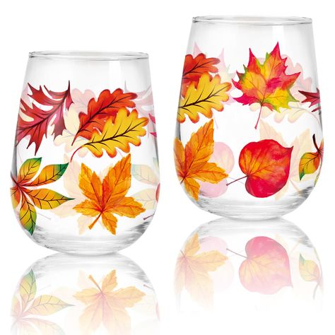 PRICES MAY VARY. Set of 2 - The package includes 2pcs stemless wine glasses, they are packed by custom pearl cotton, not easy to break during transportation, perfect for your to use. Don't put them into the dishwasher, oven, microwave and other high-temperature heating machines. Fall Leaf Patterns – Our drinking glasses are printed with watercolor fall leaves, mainly in orange, yellow and red colors, add a strong fall season atmosphere, can give you a good mood when drinking. Enough Capacity - E Fall Wine Glasses, Hand Painted Stemless Wine Glasses, Fall Friends, Autumn Wine, Leaf Patterns, Painted Glasses, Autumn Thanksgiving, Thanksgiving Party, Fall Leaf