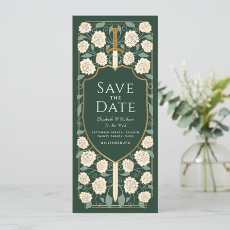 Sword & Shield Medieval Fantasy Save the Date Invitation  Zazzle Medieval Wedding Theme, Shield Medieval, Hobbit Party, Medieval Wedding, Date Invitation, Themed Wedding Invitations, Fantasy Wedding, Fantasy Aesthetic, Save The Date Invitations