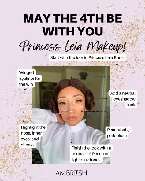 Prepare to rally against the dark side with our Princess Leia-inspired makeup tutorial, specially created for May the Fourth celebrations! Let the power of the Force and Ambreesh Cosmetics guide your beauty journey. 💫🌟 #MayTheFourth #PrincessLeiaMakeup #AmbreeshCosmetics #MakeupLook #Makeup Princess Leia Makeup, Princess Leia Buns, Neutral Lips, Neutral Eyeshadow, May The 4th Be With You, Winged Eyeliner, Princess Leia, Pink Tone, Eyeshadow Looks