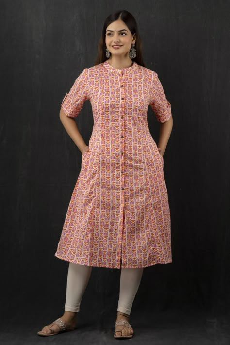 *Sponsored by Shree International* *Jaipuri kurta* *Type :- Women Pink printed A-Line calf length kurta, Both side Pocket, has a banded neck, three-quarter sleeves, straight hem, side slits* *Material - Cotton* *Size - M , L , XL , XXL* A Line Kurti Designs, Straight Kurti Designs, A Line Kurti, Simple Frock Design, Stylish Kurtis Design, Long Gown Design, Simple Frocks, Simple Kurta Designs, Designer Kurti Patterns