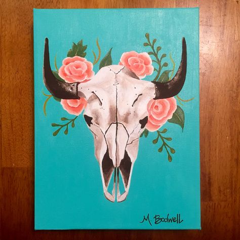 Western cow skull painting. Prints available @ www.meghanbodwell.com/wix/fine-art Bull Skull Painting, Drawing Ideas Canvas, Cow Skull Painting Ideas, Skull Painting Ideas, Western Drawing Ideas, Cow Skull Painting, Western Painting Canvas, Western Cow Skull, Painting Ideas Simple