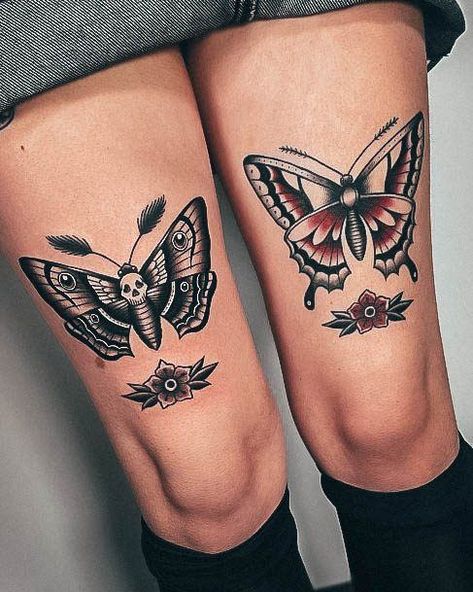 Butterfly Moth Tattoo, Traditional Thigh Tattoo, Symbolism Tattoo, Butterfly Leg Tattoos, Traditional Moth Tattoo, Skull Butterfly Tattoo, Butterfly Thigh Tattoo, Tattoo Symbolism, Traditional Butterfly Tattoo