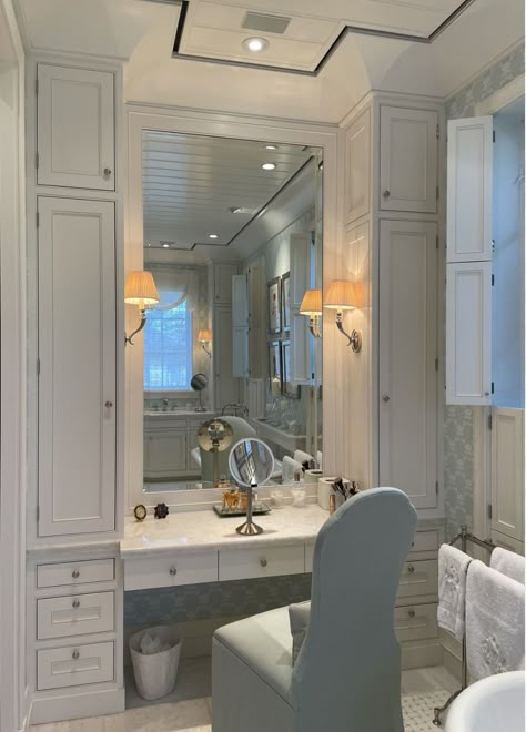 Modern Closet With Vanity Built In, Master Vanity With Makeup Area, Vanity Nook In Bathroom, Built In Vanity In Closet, Closet With Vanity Built In, Makeup Vanity Ideas Bathroom, Built In Makeup Vanity In Bathroom, Modern Vanity Ideas, Built In Vanity In Bedroom