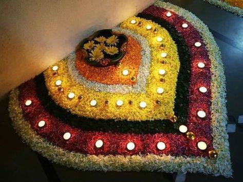 Flower Rangoli For Ganpati, Flower Decorations For Diwali At Home, House Light Decoration For Diwali, Ganpati Flower Rangoli, Flower Decoration Rangoli, Diwali Flowers Rangoli, Rangoli Made With Flowers, Diwali Rangoli Flowers Design, Easy Diwali Decoration Ideas At Home