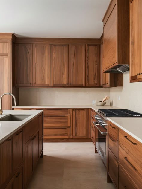 Walnut Cabinets With Black Hardware, Wood Cabinets Modern Kitchen, Kitchen Design Wooden Cabinets, Kitchen Flooring With Wood Cabinets, Backsplash With Walnut Cabinets, Natural Walnut Cabinets, Walnut Shaker Kitchen Cabinets, Natural Walnut Kitchen Cabinets, Brown Wood Cabinets Kitchen