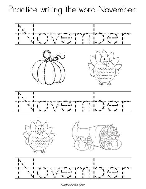 Practice writing the word November Coloring Page - Twisty Noodle November Worksheets, November Writing, Homeschool Preschool Activities, Month Of November, Thanksgiving Preschool, Preschool Writing, School Printables, Pre K Activities, Fall Preschool