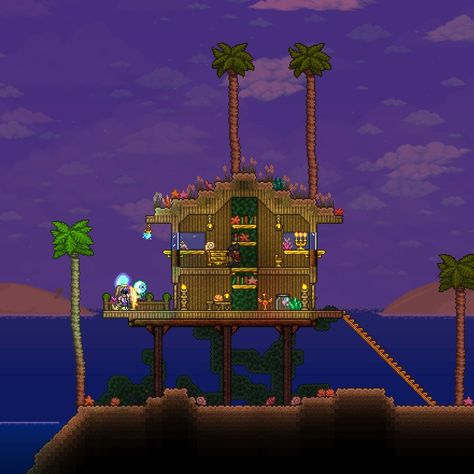 Beach House Terraria, Terraria Beach House, Terraria Houses, Terraria House Ideas, Terraria House Design, Terraria House, Small Beach Houses, Jungle House, Houses Ideas