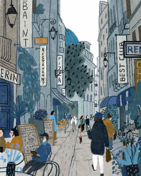 Illustration, city architecture, street cafe, City Streets Illustration, Urban City Illustration, Busy Street Illustration, London Street Illustration, Nyc Illustration Art, How To Draw A Street, Cafe Art Illustration, City Street Drawing, City Street Illustration