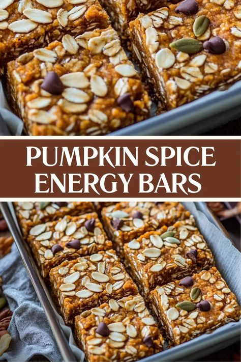 Looking for a healthy, fall-inspired snack? These Pumpkin Spice Energy Bars are packed with flavor and easy to make! Made with wholesome ingredients like oats, almond flour, and pumpkin puree, they're the perfect grab-and-go breakfast or snack. Customize with nuts or chocolate chips for extra flavor and crunch. Try them today and bring all the cozy vibes of autumn to your kitchen! Don’t forget to save this recipe for later! Power Bars Recipe, Pumpkin Granola Bars, Pumpkin Protein Bars, Healthy Pumpkin Bars, Bars At Home, Breakfast Bars Healthy, Healthy Protein Bars, Chocolate Protein Bars, Pumpkin Oats