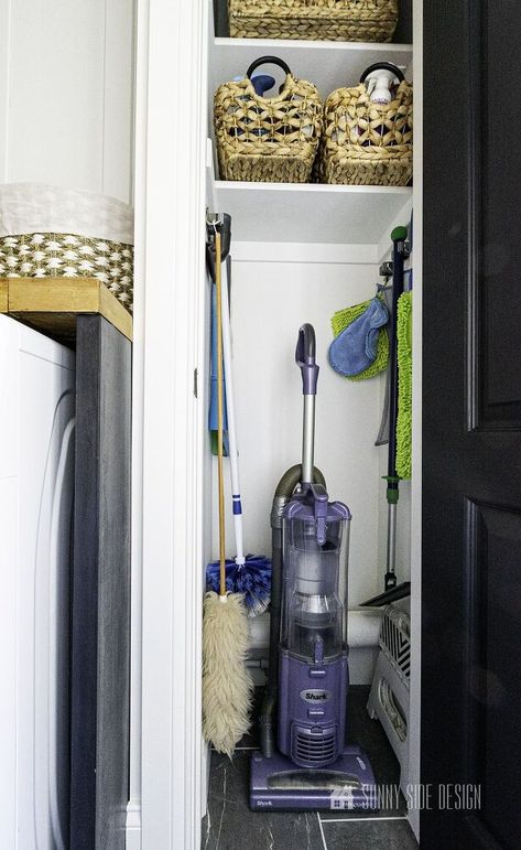 If you’re like me, you’re always looking for ideas to add organization and storage to your home.It seems to me that many newer homes are lacking storage for brooms, mops, vacuums and cleaning supplies.Many older homes seem to have a broom closet.In fact, I remember my grandmother’s home having a small broom closet in her kitchen.That’s exactly what my home was lacking, a utility or broom closet.So when I started making plans to remodel my laundry room, I decided to add a small broom cl… Small Broom Closet, Diy Broom Closet, Vacuum Closet, Make A Broom, Diy Broom, Broom Closet Organizer, Wool Duster, Vacuum Cleaner Storage, Cleaning Closet Organization