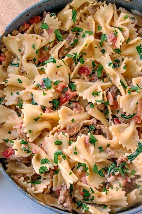 This Italian Sausage Bow Tie Pasta is easy - and reminds me of something you would get at an Italian restaurant. Our family loves it ... and I hope yours does too! Sausage Bow Tie Pasta, Simple Pasta Dishes, Bow Tie Pasta Recipe, Bow Tie Pasta, Sausage Pasta Recipes, Decadent Food, Creamy Pasta Recipes, Italian Sausage Recipes, Yummy Pasta