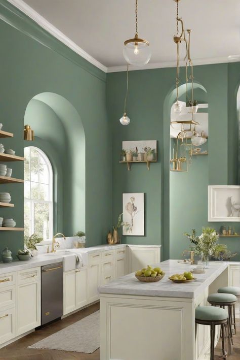 interior design, kitchen decor, wall painting, home decoration Green Paint For Kitchen Walls, Blue Green Kitchen Walls, Green Paint Colors Kitchen, Kitchen Wall Colour Ideas Paint, White Kitchen Green Walls, Soft Green Kitchen Walls, Green Paint Kitchen Walls, Green Paint Schemes, Green Paint Kitchen