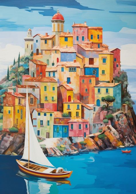 Italian Village Painting, Cliffs Illustration, Cinque Terre Italy Painting, Italy Painting Easy, Italy Illustration Art, Italian Landscape Paintings, Cinque Terre Painting, Village Landscape Painting, Italy Paintings