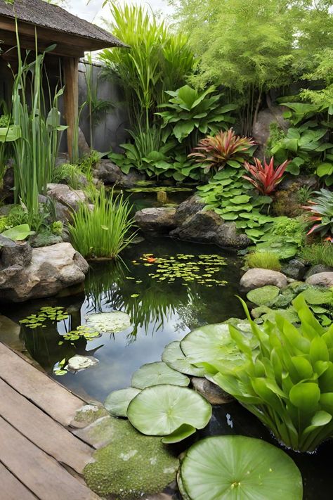 There are three different types of plants that you can grow in ponds: plants that are fully submerged, plants that float on the surface, and plants that grow around the edge. They are useful for providing shelter for aquatic wildlife, and keeping the water clear and oxygenated. This post lists 31 plants for a healthy pond. Best Water Landscapes Edge Aquatic Floating Area Underwater Banks Water Garden Ideas Landscaping, Wet Garden Ideas Landscapes, Koi Pond Plants, Plants Around Pond Edge, Natural Pond Landscaping, Submerged Plants, Tropical Pond, Water Plants For Ponds, Modern Pond