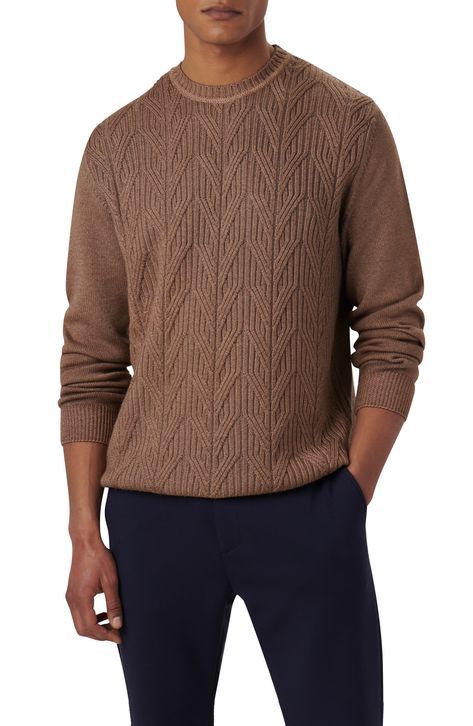 2ab504622c40bb055a821eeca2fb6b33 Man wearing a textured brown knit sweater with navy pants, showcasing casual fall fashion for men. | Sky Rye Design Mens Knit Sweater, Wool Knit Sweater, Knitwear Inspiration, Men Stylish Dress, Cable Stitch, Merino Wool Yarn, Burgundy Sweater, Men's Knit, Merino Wool Sweater