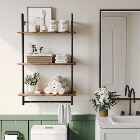 Top 7 Stylish and Simple Bathroom Shelf Decor Ideas Shelf In Small Bathroom, Over Toilet Shelf Wood, Rustic Bathroom Shelving, Bathroom Wood Shelves Above Toilet, Bathroom Decor Industrial, Above Tub Shelves, Shelf Under Bathroom Mirror Ideas, Guest Bathroom Shelves Over Toilet, Bathroom Shelving Above Toilet