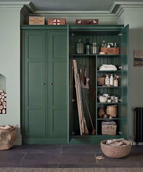 Utility Room Wall Storage, Utility And Boot Room Combined, Behind The Door Mudroom, Dark Green Boot Room, Green Boot Room, Large Utility Room Ideas, Small Boot Room, Utility Makeover, Utility Corner