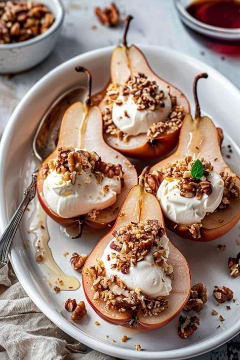 Valerie Bertinelli Recipes | Baked Pears with Cream Cheese and Walnut Topping 🍐✨ | Facebook Valerie Bertinelli Recipes, Walnut Topping, Ripe Pears, Pear Dessert, Baked Pears, Valerie Bertinelli, Cream Cheese, Pear, Walnut