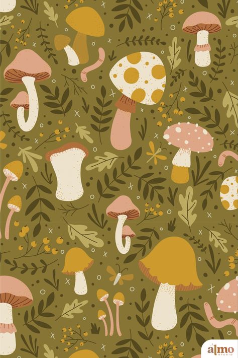 Mushroom, forest, trail, woods, garden, narure, outdoors, hiking, woodland, pattern, olive green, mustard yellow, pink, illustration, surface pattern design, pattern for products, leaf, leaves, butterfly, moth, worm, art licensing Whimsical Patterns Design, Mushroom Pattern Illustration, Woodsy Illustration, Fall Surface Pattern Design, Mushroom Pattern Design, Forest Pattern Design, Fall Pattern Illustration, Forest Pattern Illustration, Goblincore Pattern