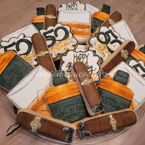 Whiskey and cigar theme birthday cookies by @mercibeaucookies Cigars And Cognac Party Ideas, Cognac And Cigars Party, Whiskey And Cigars Birthday Theme, Bourbon And Cigars Party, Whisky Cookies, Whiskey Themed Birthday Party, 50th Birthday Party Themes, 50th Birthday Party Ideas For Men, 52 Birthday