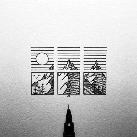 Outdoor triptych #illustration #sketching Pencil Art Drawings, Mini Drawings, A Pen, Ink Illustrations, Pen Art, Cool Art Drawings, Compass Tattoo, Doodle Drawings, Art Drawings Simple