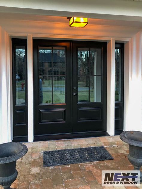 A brand new beauty in Highland Park! Shown here is a recently installed ProVia double door with sidelights. https://nextdoorandwindow.com/ Double Door With Side Windows, Half Glass Double Front Door, Double Entry Doors With Sidelights, Double Front Doors With Side Lights, Double Doors With Side Lights, Double Door With Sidelights, Double Front Entry Doors With Sidelights, Double Front Door Ideas, Double Front Doors With Glass Panels