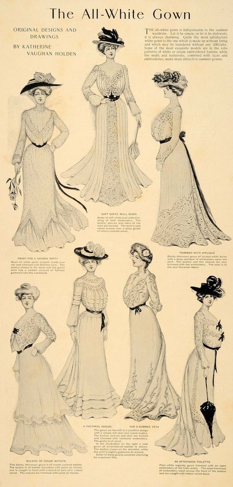 1901 ad for Summer all-white gowns. Yes, we do need a closet full of these! They're all so different. White Gown Dress, 1900 Fashion, 1900s Fashion, Edwardian Dress, History Fashion, White Gown, Summer Lace, Old Fashion, Edwardian Era