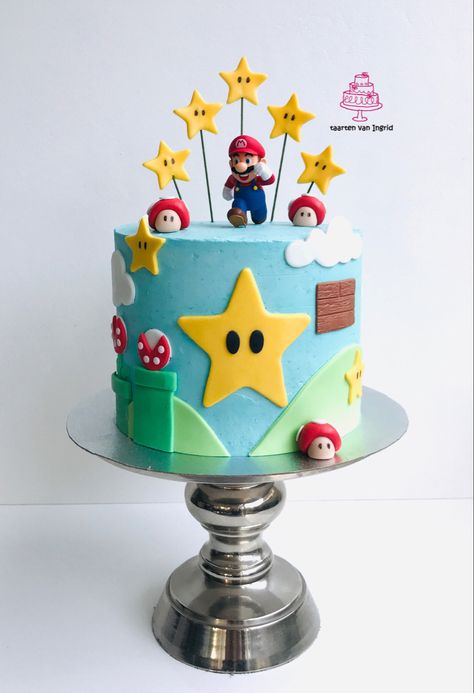 Mario Star Cake, Supermario Cakes For Boys, Mario Party Birthday Cake, Super Mario Birthday Cake Ideas, Mario Bros Cake Ideas, Super Smash Bros Cake, Simple Mario Cake, Super Mario Cake Ideas, Mario Theme Cake