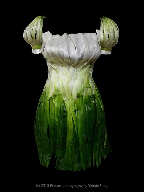 Since 2009, South Korean artist Yeonju Sung has been using foods to make elaborate women’s clothing for her series, “Wearable Foods.” Most of the clothing is made out of fresh vegetables and none of the items are actually wearable, or long-lasting—they exist primarily in Sung’s photographs. Vegetable Dress, Banana Dress, Creative Outfits, Salad Bar, Spring Onion, Korean Artist, Art Dress, Edible Art, Create Image