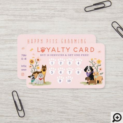 Dog Groomer Business Card, Dog Grooming Loyalty Card, Dog Grooming Cards, Dog Business Ideas, Dog Grooming Salon Decor, Dog Sitting Business, Dog Daycare Business, Pet Store Design, Pet Store Ideas