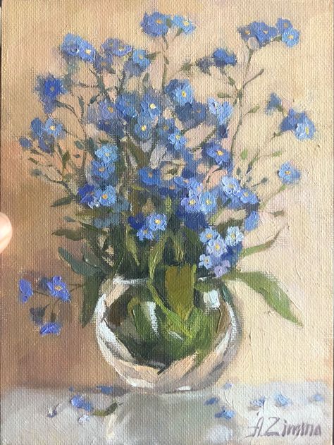 Original floral painting by A. Zimina Forget Me Not Flowers Painting, Monochromatic Painting, Flowers Oil Painting, Forget Me Not Flowers, Painting Flower, Forget Me Nots, Oil Painting Flowers, Forget Me Not, Oil Paintings