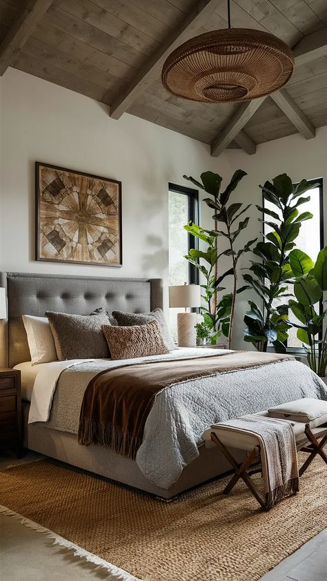 Earthy Bedroom Ideas! 25+ Calming Earthy Bedroom Ideas... Green Brown Grey Bedroom, King Bedroom Ideas, Earth Tone Bedroom, Earthy Bedroom Ideas, Hippy Bedroom, Reclaimed Wood Bed Frame, Earthy Decor, Natural Bedroom, Earthy Bedroom