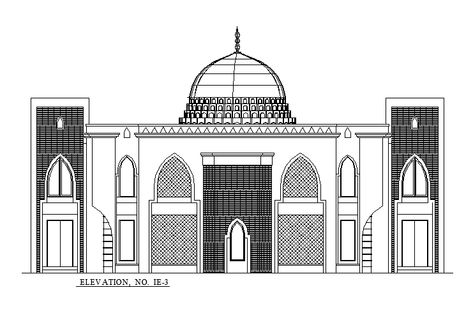 Mosque Front Elevation Design Download DWG File - Cadbull Mosque Elevation, Front Elevation Design, Mosque Design, Ceiling Plan, Window Detail, Triangle Art, Basement Plans, Front Elevation Designs, Model House