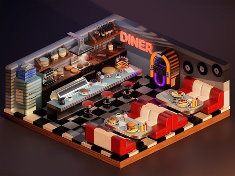 Diner by Alexandr Slepichev on Dribbble Diner Concept Art, Diner Illustration, Ruff Riders, Miniature Diner, Restaurant Game, 50's Diner, 50s Diner, Isometric Drawing, City Games