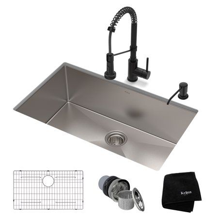 Kraus Kitchen Set with Standart Proâ¢ Stainless Steel Farmhouse Kitchen Sink and Boldenâ¢ Commercial Pull-Down Kitchen Faucet in Matte Black 30 Inch Kitchen Sink, Matte Black Kitchen Sink, Soap Dispenser Kitchen Sink, Kitchen Styling Modern, Black Kitchen Sink, Black Faucet, Bowl Kitchen Sink, Steel Kitchen Sink, Single Bowl Kitchen Sink