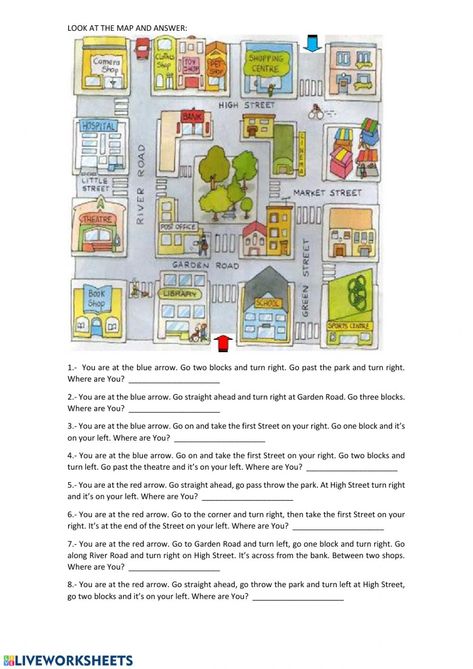 Giving directions exercise. You can do the exercises online or download the worksheet as pdf. Giving Directions Map, House Worksheet, Ell Activities, Town Drawing, Travel English, Word Formation, English Teaching Materials, Map Activities, English Exercises