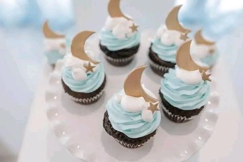 Moon And Cloud Cupcakes, Moon Themed Cupcakes, Twinkle Twinkle Cupcakes, Cloud Theme Cupcakes, Over The Moon Cupcakes, Two The Moon Cupcakes, Cloud Theme Cake, Baby Shower Cupcakes Boy, Moon Baby Shower Cake