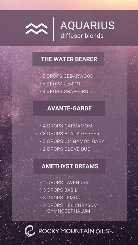 Looking for a blend that is compatible with your Aquarian sign? Check out these three Aquarius-themed diffuser blends up on our blog today!      #essentialoils #diffuserblend #diffuser #oils #zodiac #aquarius #zodiacoils #cedarwood #lavender #blend #fun #diy #oildiy #holistic #natural #oilylife Pisces Self Care, Zodiac Essential Oil Blends, Zodiac Scents, Zodiac Essential Oils, Diffuser Oils, Zodiac Pisces, Essential Oil Diffuser Blends Recipes, Perfume Recipes, Oil Diffuser Recipes