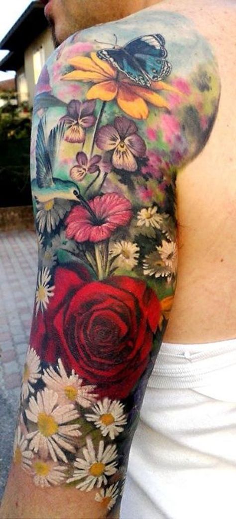 While out at the zoo yesterday with one of my little ones I saw some lovely floral tattoo’s on a few women. Floral tattoo’s for me are 2 things: hit or miss. Here are some that I think … Colorful Flower Tattoo, Daisy Tattoo Designs, Garden Tattoos, Daisy Tattoo, Cat Tattoos, Flower Sleeve, Geniale Tattoos, Flower Tattoo Sleeve, Butterfly Tattoos