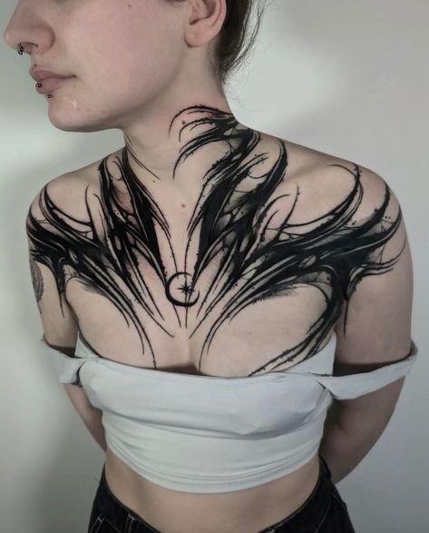 Guest Artist @ellenheald_tattoo 🕷️ 25 - 26 July 🖤 Email ellenhealdtattoo@gmail.com for bookings 🕸️ #tattoo #auraninetyfour #darktattoo #spidertattoo #darkart #darkartists #skulltattoo #horrortattoo #blackworktattoo #blackwork #blackworkers #blxckink #artesobscurae #blkttt #darkartandcraft #blackink #blacktattooart #btattooing #occultarcana #inkedmag #inkerland #radtattoos #tattoodo #londontattoo #londontattooartist #londontattoostudio #tattooart #tattoosnob #d_world_of_ink #a_drop_of_black Black And Gray Chest Tattoo, Negative Space Neck Tattoo, Dark Ornamental Chest Tattoo, Blackout Chest Tattoo, Gothic Shoulder Tattoo, Goth Neck Tattoo, Blackout Neck Tattoo, Blackwork Chest Tattoo, Symmetrical Shoulder Tattoo