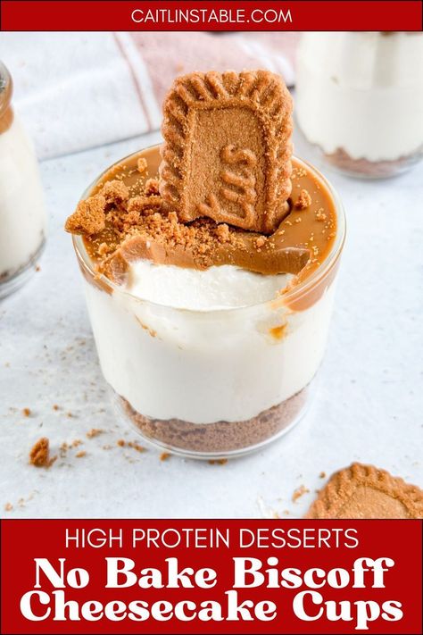 Need easy no bake cheesecake recipes that are quick and healthy? Try these high protein biscoff cheesecake cups. This easy dessert recipe is made with few ingredients like cottage cheese, greek yogurt and lotus biscoff cookies. It's the best sweet treat to make with kids at home or for a party. Healthy Cheesecake Recipes Greek Yogurt No Bake, Easy No Bake Cheesecake Recipes, Cheesecake Cups No Bake, Biscoff Cheesecake Cups, Bake Cheesecake Recipes, No Bake Cheesecake Recipes, Cookie Butter Bars, Healthy Cheesecake Recipes, Cottage Cheese Desserts