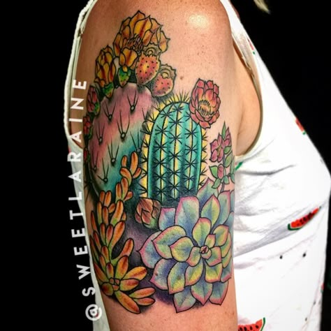 Cactus Flower Tattoo, Desert Tattoo, Succulent Tattoo, Cowgirl Tattoos, Cuff Tattoo, Flower Tattoo Ideas, Cactus Tattoo, Western Tattoos, Theme Tattoo