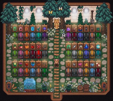 Finally decorated it to look more aesthetic. Can't give up the idea of colored chests though, because I use them frequently and colors just help me to navigate around 😅 Stardew Valley Clothes Guide, Stardew Valley Outfit Ideas, How To Dye Clothes, Valley Outfit, Stardew Farms, Clothes Guide, Dye Clothes, Stardew Valley Layout, Stardew Valley Tips