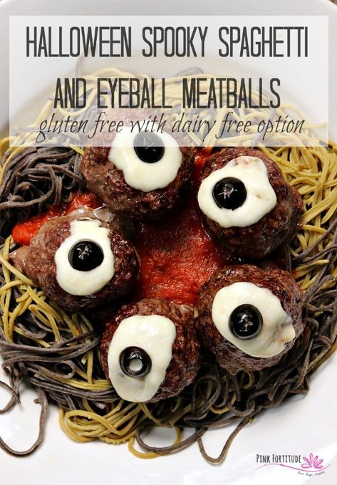 Who says Halloween dinner can't be spooky, festive, AND healthy? Serve this Halloween Spooky Spaghetti and Eyeball Meatball recipe to your family and friends. You can even call it brains and eyeballs if you wish. This Spookghetti is made with gluten free pasta and meatballs, and even has a dairy free option. Kids of all ages will love it! Get the recipe if you dare... #halloween #spaghetti #pasta #recipe #glutenfree #pinkfortitude Spooky Dinner Ideas, Halloween Spaghetti, Spooky Spaghetti, Recipes For Halloween, Spooky Dinner, Allergy Recipes, Cocktail Appetizers, Halloween Dishes, Meatball Recipe