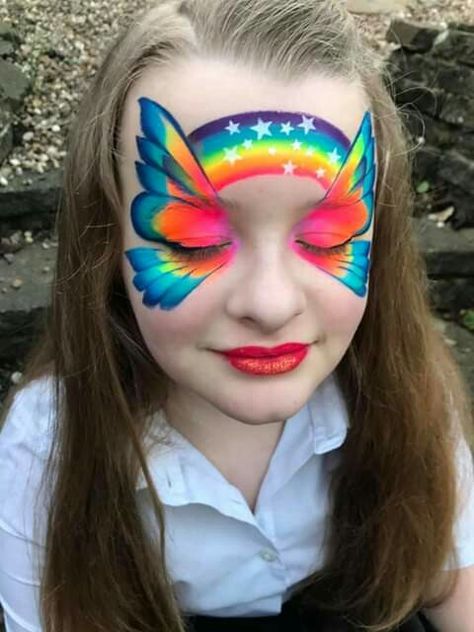 Rainbow Fairy Face Paint, Rainbow Butterfly Face Paint, Kids Face Painting Easy, Easter Face Paint, Rainbow Face Paint, Fairy Face Paint, Festival Face Paint, Festival Paint, Butterfly Face Paint