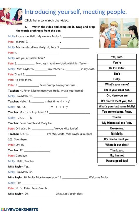 Introducing yourself interactive and downloadable worksheet. You can do the exercises online or download the worksheet as pdf. Worksheets For Adults, Speaking Activity, Introducing Yourself, All About Me Worksheet, All About Me Activities, Writing Introductions, English Teaching Materials, Learning English For Kids, School Friends