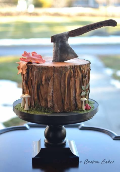 Stump Cake by Elisabeth Palatiello Viking Birthday Cake For Men, Viking Grooms Cake, Viking Cake Ideas For Men, Masculine Cakes For Men, Trunk Cake, Tree Trunk Cake, Masculine Cake, Stump Cake, Tree Stump Cake